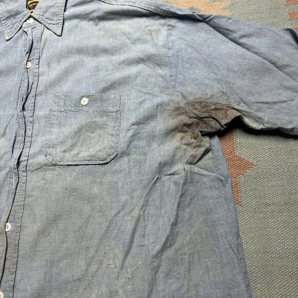 Vintage 1960s chambray work shirt Washington Dee Cee worn stained distressed XL - Picture 6 of 16